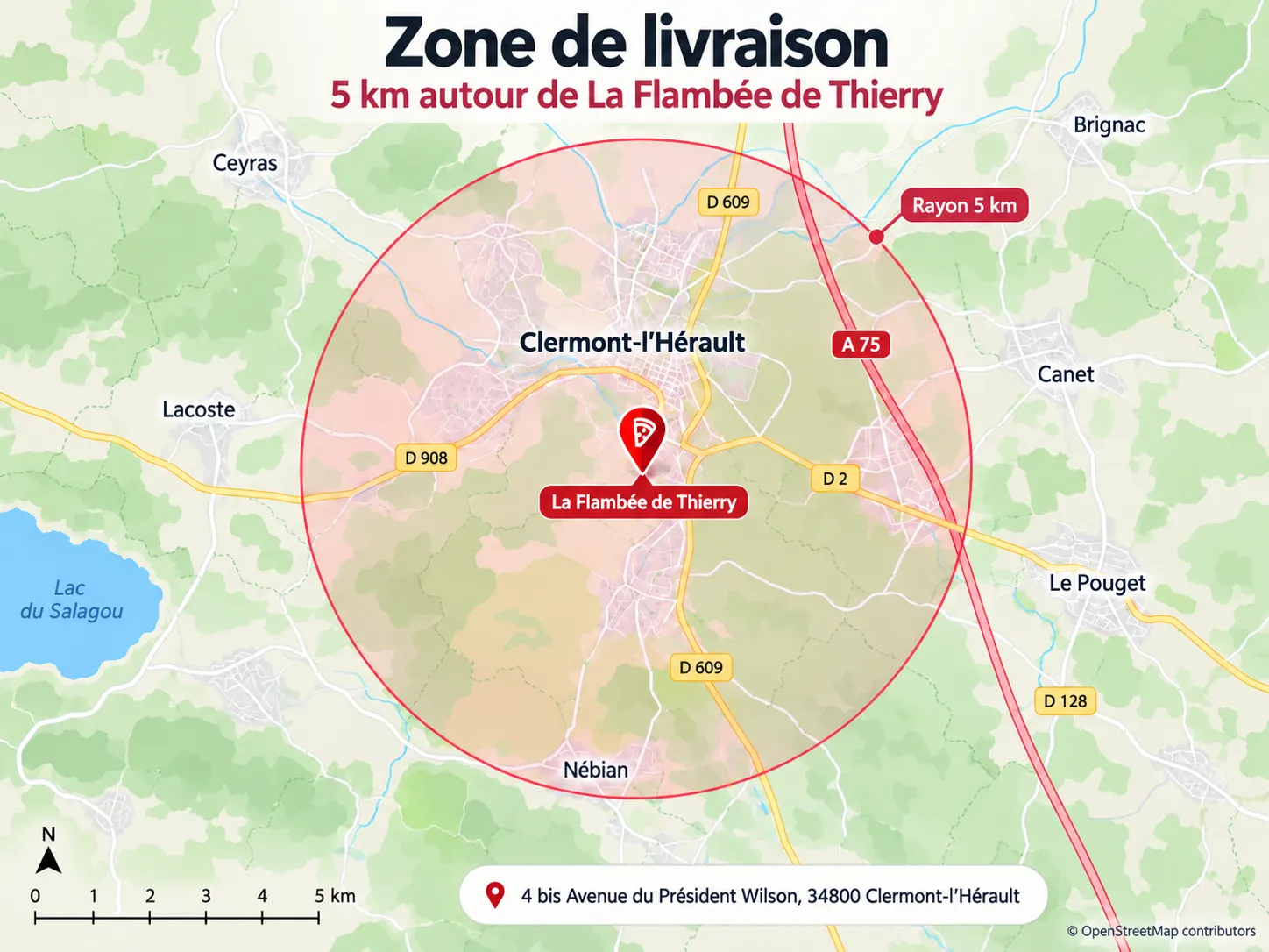 Carte de livraison dans un rayon de 5 km autour de La Flambée de Thierry