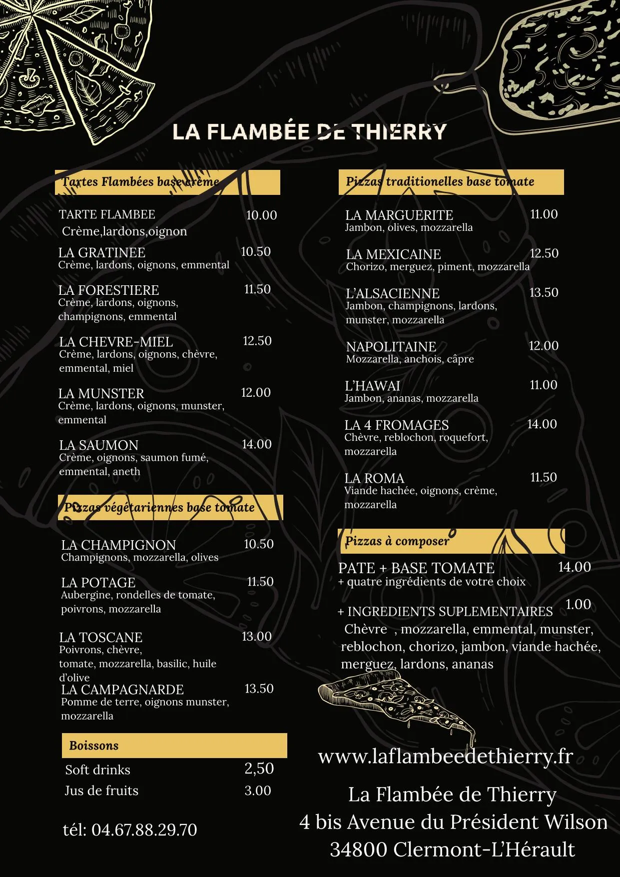Carte Restaurant Pizzeria La Flambée de Thierry à 34800 Clermont-l'Hérault