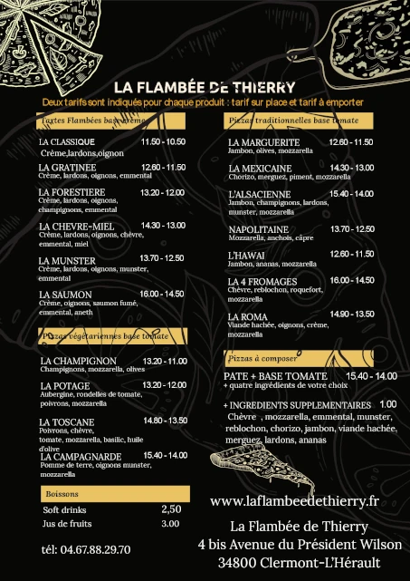 Carte complète des tartes flambées et pizzas de La Flambée de Thierry