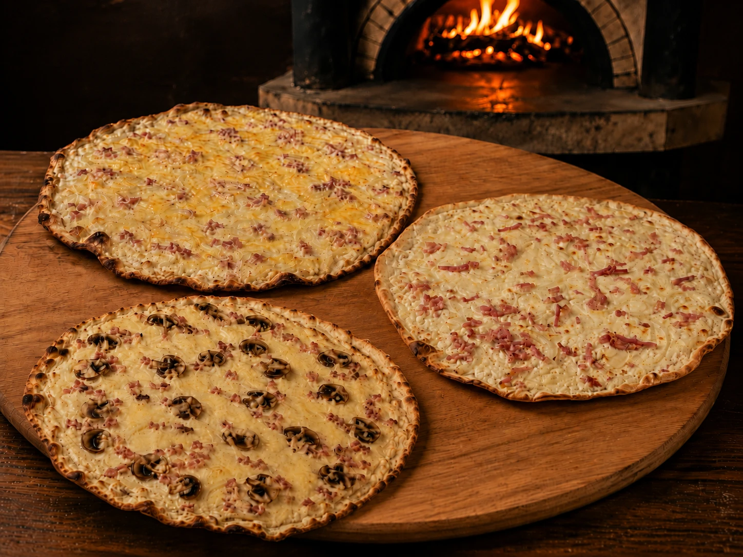 Tartes flambées alsaciennes Classique, Forestière et Munster sorties du four à La Flambée de Thierry
